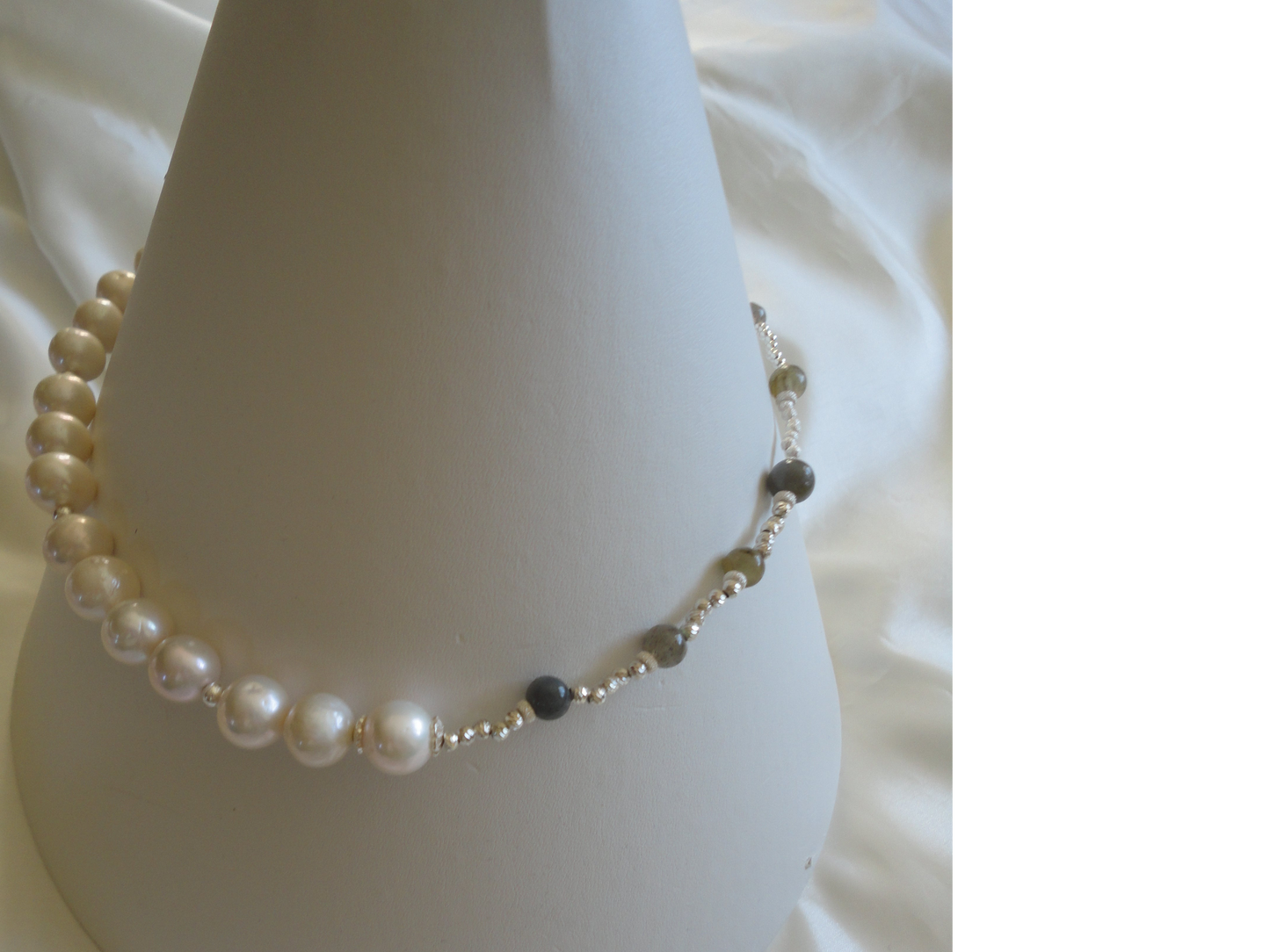 Freshwater cultured pearls and labradorite asymmetric neckalce with sterling silver magnetic clasp