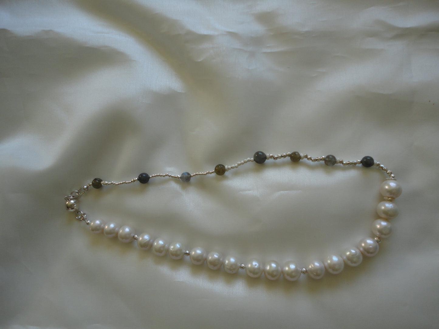 Freshwater cultured pearls and labradorite asymmetric neckalce with sterling silver magnetic clasp